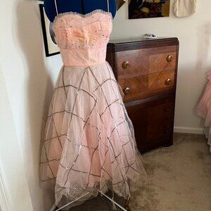 *Damaged* Vintage Handmade 1950s Pink Sequin Prom Dress for Display or Costume